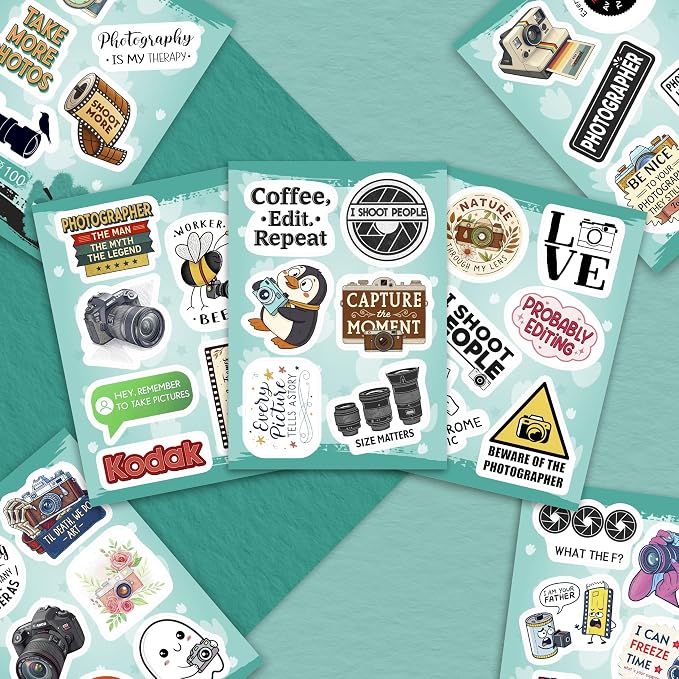 100Pcs Photography Stickers for Water Bottle and Laptop - Photography Party Supplies - Gifts for Photographer - Photo and Camera Stickers - Gift for Women & Men