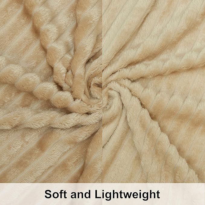 NTBAY Plush Flannel Twin Bed Blanket, 60x80 Inches Soft and Warm Lightweight Blanket with Striped Texture for Couch, Sofa, All Seasons, Khaki