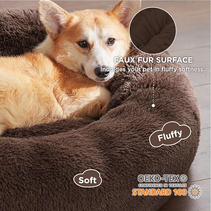 Bedsure Calming Dog Bed Medium Large Size Dogs Washable Pet Bed,33ins | Fluffy Faux Fur Round Donut Cuddler,Machine Washable,Anti-Slip Bottom,Anti-Anxiety,Deep Sleeping for Pets Up to 65 Lbs,Coffee