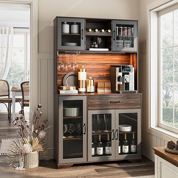 71" Tall Pantry Cabinet, Coffee Bar Storage Cabinet with Charging Station & LED Lights, Kitchen Hutch Food Pantry Cabinet with Wine Rack, Large Drawer, Adjustable Shelves & Microwave Stand, Brown | Coffee Bar, Liquor Cabinet, Power Outlet, LED Lights, ...