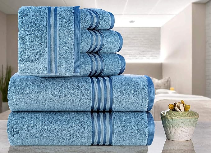 CASA COPENHAGEN Zero Twist, 6 Pieces Set 100% Cotton 0" Twist Towel Set- Dusty Blue, 600 GSM, 2 Bath, 2 Hand, 2 Washcloths Made from Egyptian Cotton, Ultra Soft Luxury Towels for Bathroom.