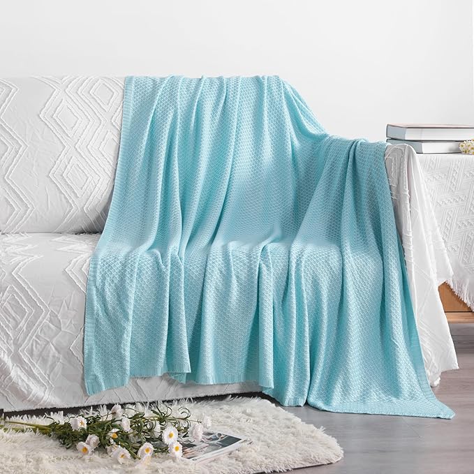 NTBAY Cable Knit Cooling Bed Blanket, Soft and Breathable Oversized Twin Bed Blanket 60x80 Inches Made from Rayon Derived from Bamboo for Bedroom, Travel, Blue