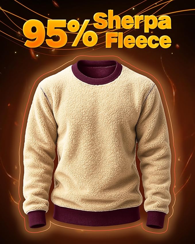 Boladeci Men's Full Sherpa Lined Crewneck Sweatshirts Heavy-weight Fleece Pullover Thick Thermal Long Sleeve Cotton