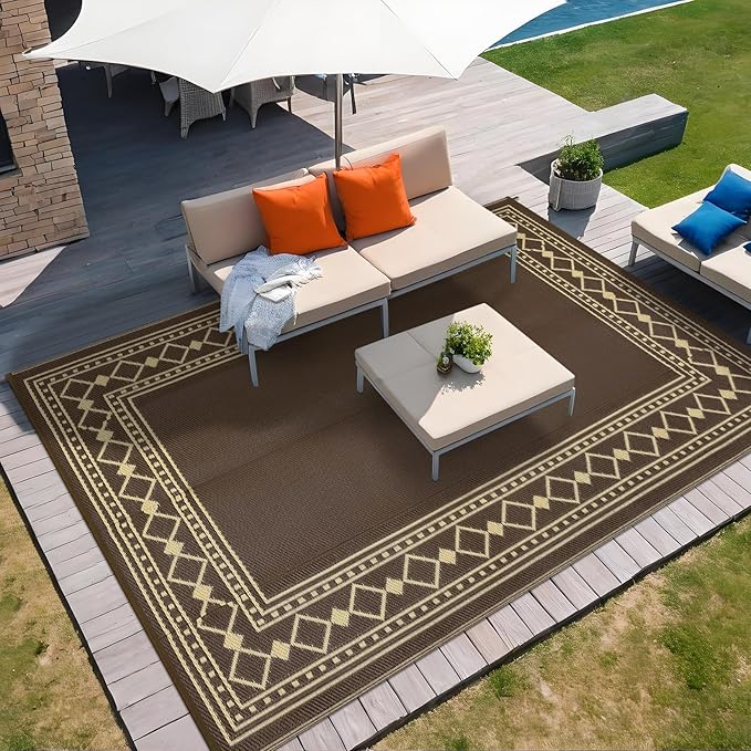 9x18 Large Outdoor Rug,Modern Bordered Plastic Straw Carpet,Waterproof Lightweight Outdoor Carpet,Easy Cleaning Folding Uv Resistant Picnic Camping Mat,Brown/Coffee
