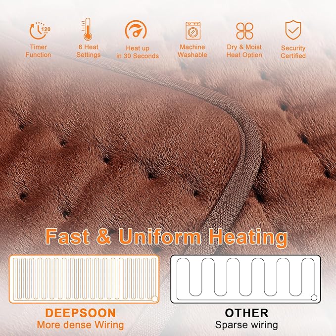 Deepsoon Heating Pad,Electric Heating Pads for Back,Neck,Abdomen,Moist Heating Pad for Shoulder,Knee,Arms,Legs,Dry/Moist Heat & Auto Shut Off,Christmas Gifts for Men and Women,Brown,33x17 Inch