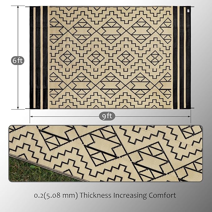 SAND MINE Reversible Mats, Plastic Straw Rug, Modern Area Rug, Large Floor Mat and Rug for Outdoors, RV, Patio, Backyard, Deck, Picnic, Beach, Trailer, Camping (6' x 9', Black & Beige)
