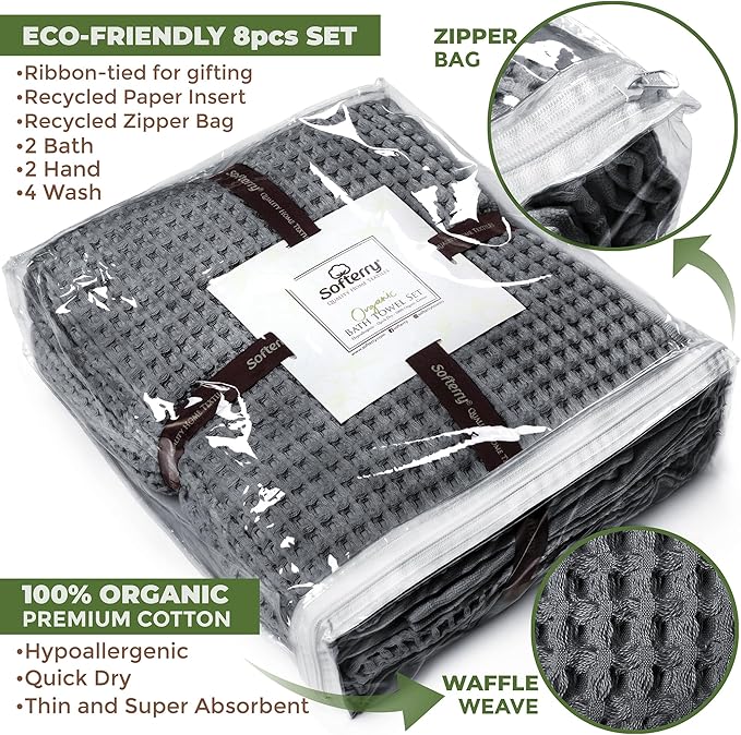 Softerry European Waffle Weave Bath Towel Set - 100% Organic Cotton - Quick Dry Lint Free Thin and Absorbent - Fade Resistant - Eco-Friendly (Set of 8, Space Gray)