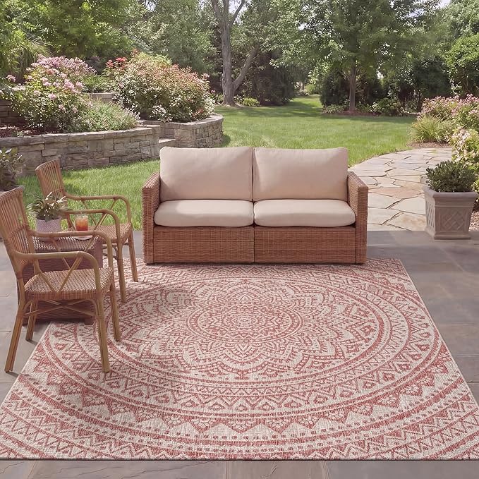 SAFAVIEH Courtyard Collection CY8734 Indoor/ Outdoor Non-Shedding Easy Cleaning Patio Backyard Porch Deck Mudroom Area Rug, 8' x 11', Light Beige / Terracotta