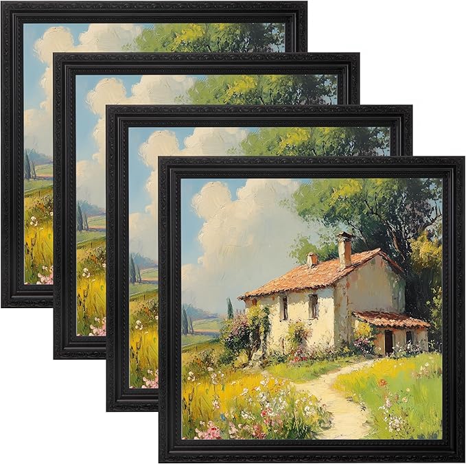 eletecpro 12x12 Picture Frames Set of 4, Vintage Photo Frame with Glass, Rustic Frames 12 x 12 Display 8x8 Photo with Mat or 12x12 without Mat for Home Wall Decor, Black