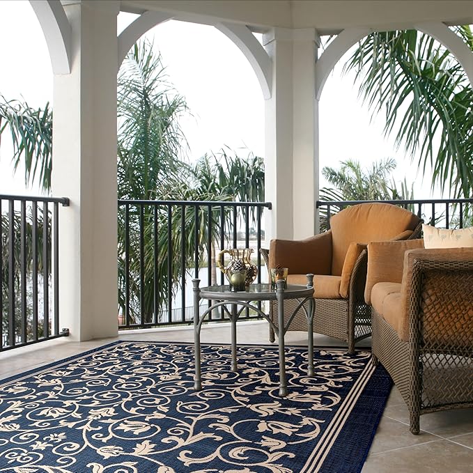 SAFAVIEH Washable Rug Outdoor Courtyard Collection - 9' x 12', Navy & Beige, Non-Shedding & Easy Cleaning, Ideal for Patio, Backyard, Mudroom (CY2098-268)