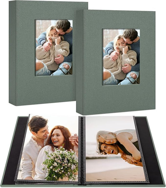 2 Pack Photo Album Holds 48 Pockets with Linen Cover and Customizable Window, Fits 4x6 Photos, Archival Black Pages, Gray Green