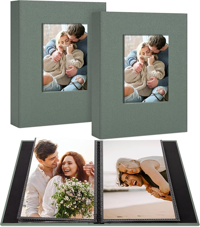2 Pack Photo Album Holds 24 Pockets with Linen Cover and Customizable Window, Fits 4x6 Photos, Archival Black Pages, Gray Green