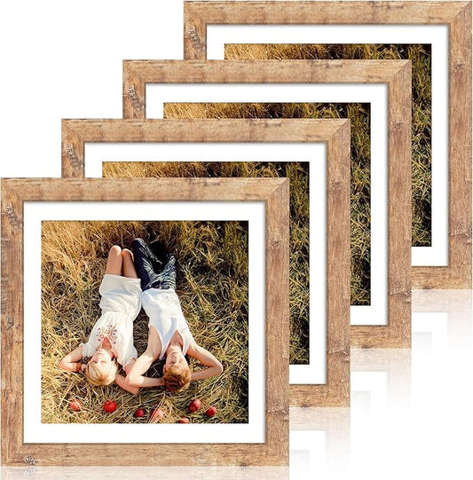 iRahmen 12x12 Picture Frame Set of 4 with Tempered Glass, Rustic Brown Frame Display 10x10 Pictures with Mat or 12 x 12 Without Mat, Wood Square Photo Frames for Desktop Display and Wall Mounting
