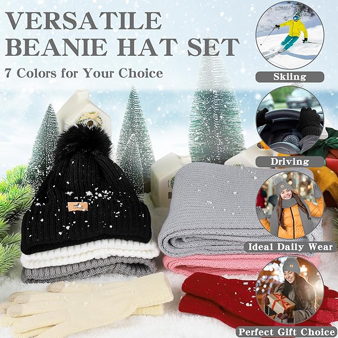 LOROME Women Winter Beanie Hat Scarf Gloves Set, Fleece Knitted Pompom Hat Warm Neck Scarf Touchscreen Gloves Winter Gift