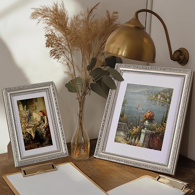 eletecpro 8x10 Picture Frames Set of 4, Vintage Photo Frame with Glass, Frames 8 x 10 Display 5x7 Photo with Mat or 8x10 without Mat for Tabletop or Wall Decor, Silver Beige