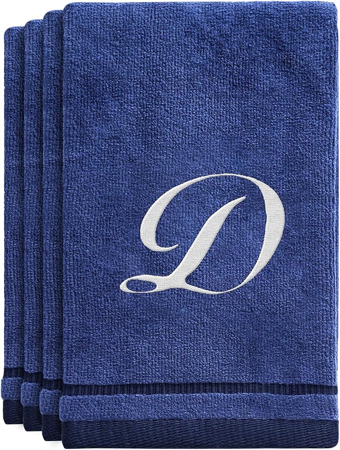 Creative Scents Navy Blue Monogrammed Towels with Initials - 4 Pack Super Absorbent Bathroom Fingertip Cotton Towel with Soft Velour Finish - Personalized Gifts for Freinds & Family 11"x18" Initial D
