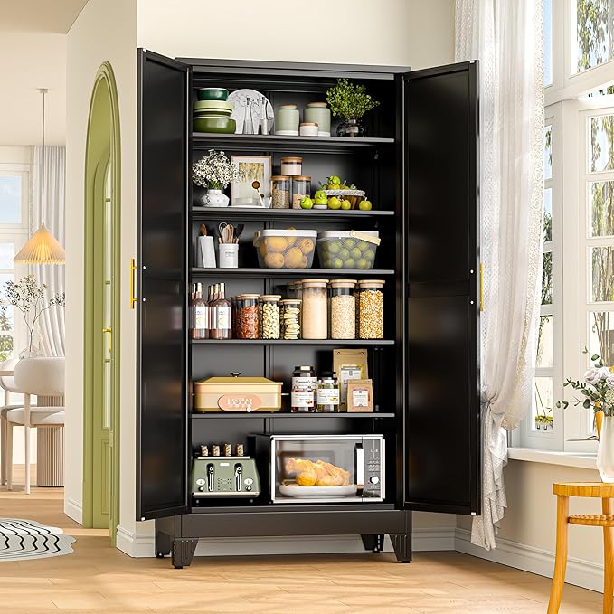 GAIOUS 75.2" Tall Metal Storage Cabinet with 2 Doors and 5 Adjustable Shelves, New upgrade Kitchen Pantry Cabinet, Black Freestanding Cupboard, 6 Tier Steel Storage for Office, Kitchen, Dining, Garage