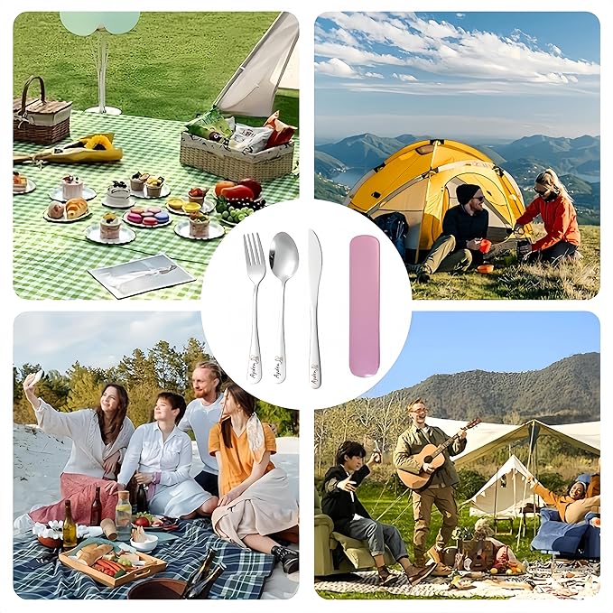 personalized travel Utensils Set with Case, Portable Silverware Set for Work, laser engraving Custom Name and patterns,Stainless Steel Reusable Travel Cutlery Set, Fork and Spoon Set for Camping