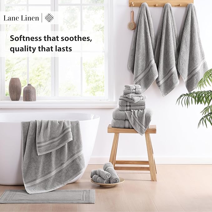 LANE LINEN 18 Pack Towels for Bathroom – 100% Ring-Spun Cotton, Zero Twist, 6 Bath, 6 Hand Towel & 6 Wash Cloths,Gentle on Body, Highly Absorbent, Remains Soft After Wash, Hotel & Spa Quality – Grey