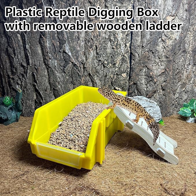 Reptile Digging Box Plastic Leopard Gecko Burrowing Habitat Hide Box with Wooden Ladder Compatible with Terrariums Tailored for Juvenile Bearded Dragons and Snake in Compact Setups (Yellow)