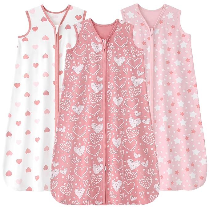 Baby Sleep Sack 18-24 months, 100% Cotton Sleeping Sack for Newborn and Infant, 3 Pack Baby Wearable Blanket for Boy and Girl, 0.5 Tog Lightweight Double Zipper Sleep Bag Pink Heart