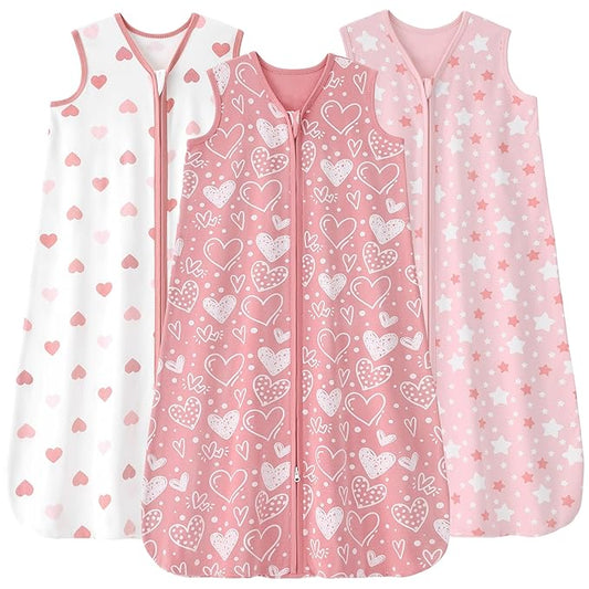Baby Sleep Sack 18-24 months, 100% Cotton Sleeping Sack for Newborn and Infant, 3 Pack Baby Wearable Blanket for Boy and Girl, 0.5 Tog Lightweight Double Zipper Sleep Bag Pink Heart