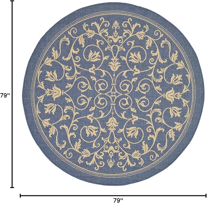 SAFAVIEH Washable Rug Outdoor Courtyard Collection - 6'7" Round, Blue & Natural, Non-Shedding & Easy Cleaning, Ideal for Patio, Backyard, Mudroom (CY2098-3103)