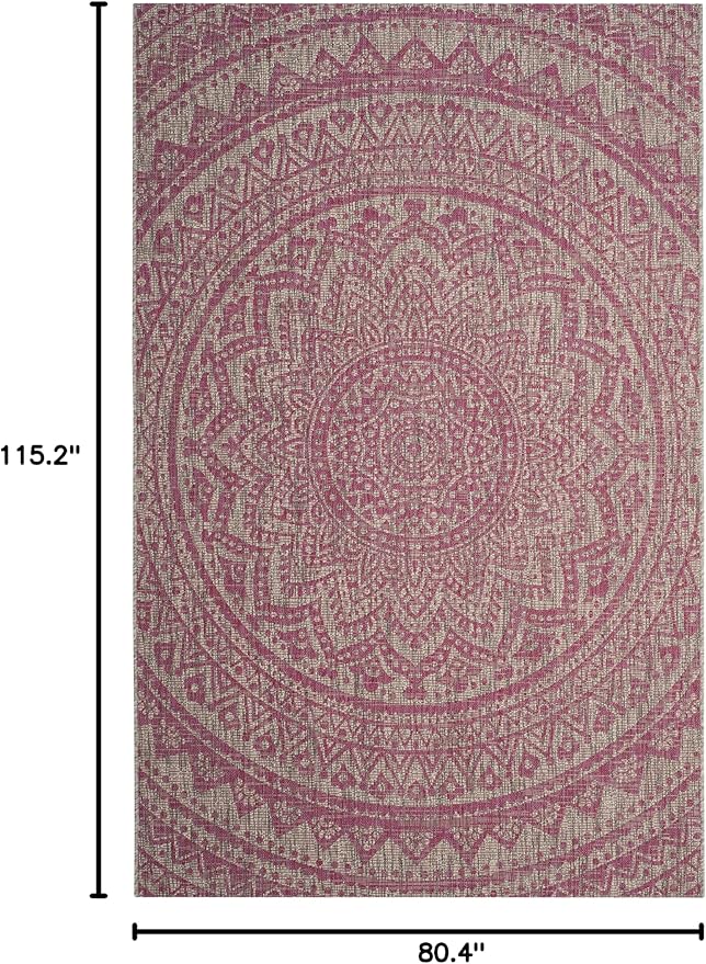 SAFAVIEH Washable Rug Outdoor Courtyard Collection - 6'7" x 9'6", Light Grey & Fuchsia Pink Purple, Non-Shedding & Easy Cleaning, Ideal for Patio, Backyard, Mudroom (CY8734-39712)