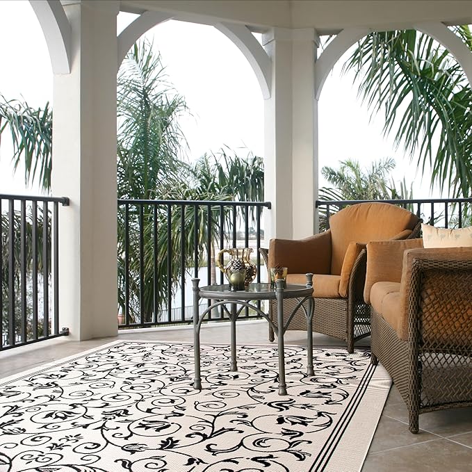 SAFAVIEH Washable Rug Outdoor Courtyard Collection - 9' x 12', Sand & Black, Non-Shedding & Easy Cleaning, Ideal for Patio, Backyard, Mudroom (CY2098-3901)