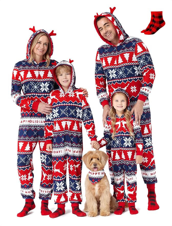 PATPAT Matching Family Christmas Onesie Pajamas – Holiday Hooded Jumpsuit Sleepwear PJs Couples Xmas Loungewear with Socks