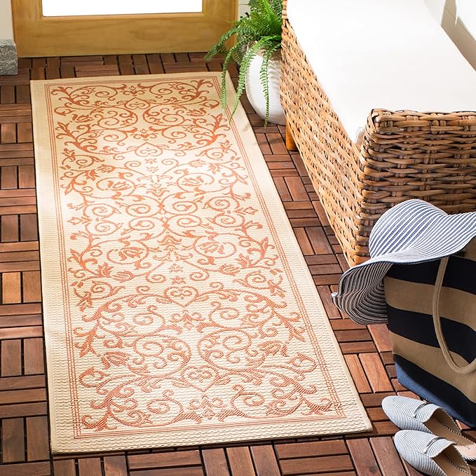 SAFAVIEH Washable Rug Outdoor Courtyard Collection - 2'3" x 10' Runner, Natural & Terracotta, Non-Shedding & Easy Cleaning, Ideal for Patio, Entryway, Mudroom, Hallway, Kitchen (CY2098-3201)