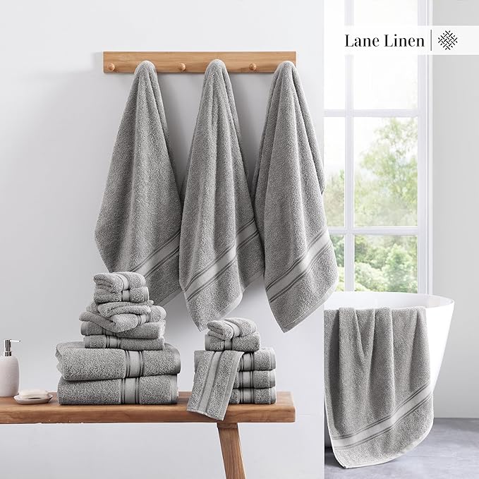 LANE LINEN Bath Towel Set of 12 – Premium 100% Cotton Ring-Spun, 4 Bath, 4 Hand & 4 Washcloth, Zero Twist Hotel Collection Towels Soft, Gentle on Body, Absorbent & Ideal for Everyday Use – Grey