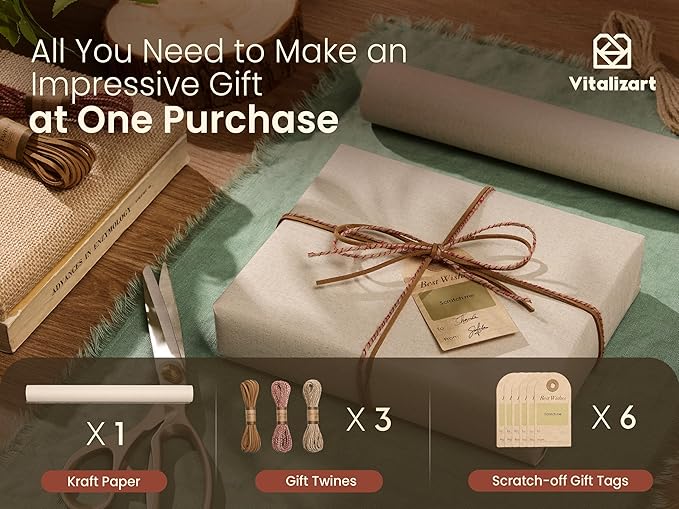 Vitalizart Textured Wrapping Paper Set 17" Roll Twine Ribbons & Tags Extra Thick All-in-One Neutral Beige Kraft Christmas Gift Wrap Birthday Baby Shower Wedding Crafts Vintage Minimalist Housewarming Flower Book