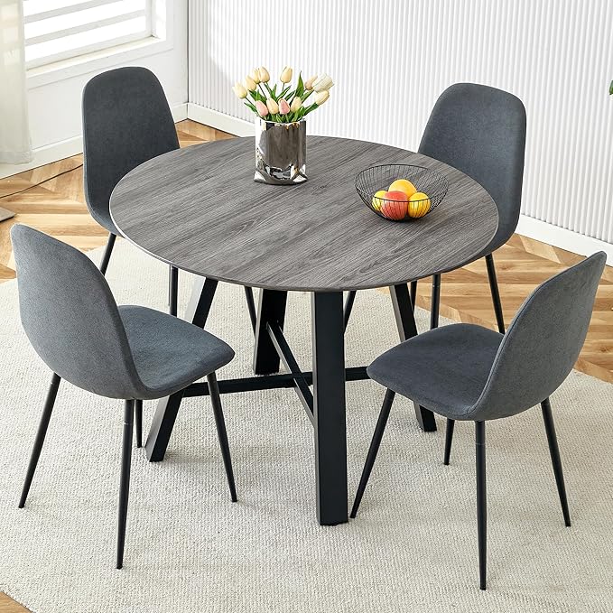 Round Dining Table Set for 4, Modern Kitchen Dining Table and Chairs Set for 4,42" Dining Room Table Set for 4,Round Wood Table Set for 4 with Gery Fabric Chairs for Small Space Kitchen Office