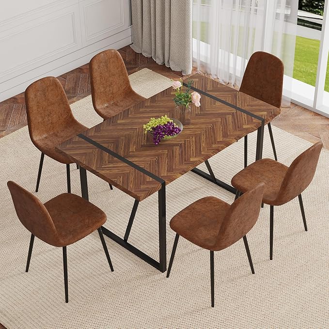Dinner Table Set for 6, Modern 55'' Wood Dining Table with Fabric Dining Chairs Set of 6,Dining Room Sets for 6,Ideal for Kitchen Dining Room