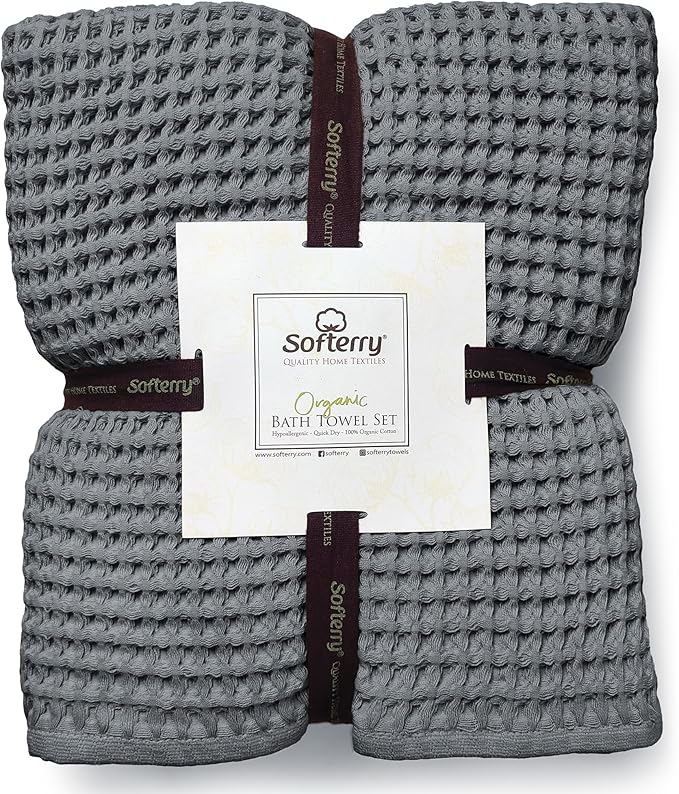 Softerry European Waffle Weave Bath Towel Set - 100% Organic Cotton - Quick Dry Lint Free Thin and Absorbent - Fade Resistant - Eco-Friendly (Set of 8, Space Gray)