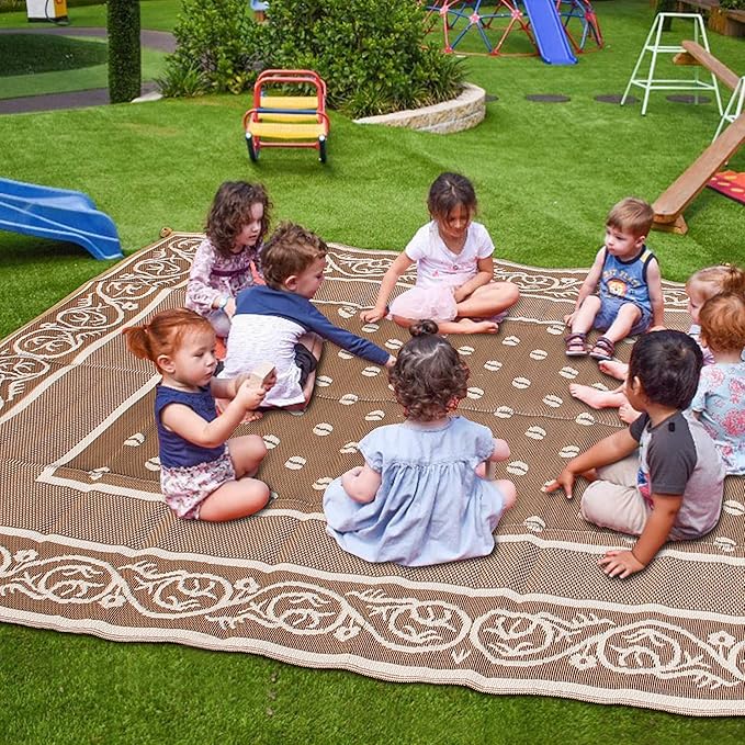 SAND MINE Reversible Mats, Plastic Straw Rug, Modern Area Rug, Large Floor Mat and Rug for Outdoors, RV, Patio, Backyard, Deck, Picnic, Beach, Trailer, Camping (9' x 12', Brown & White)