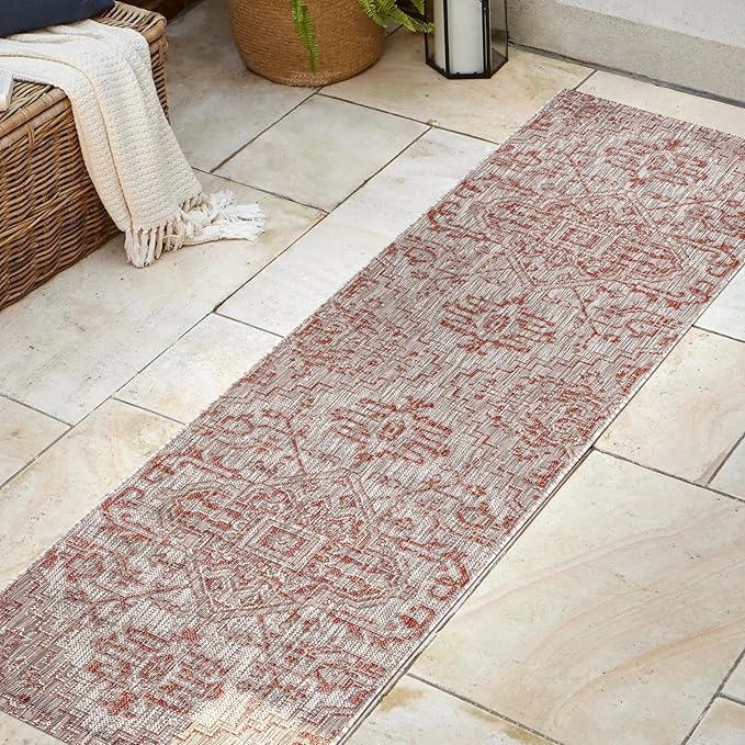 JONATHAN Y Boho Medallion Indoor Outdoor Runner Rug 2X8 Red/Taupe, Estrella Textured Weave for Backyard, Patio, Porch, Easy-Cleaning, High Traffic, Pet-Friendly, Non-Shedding (SMB105A-28)
