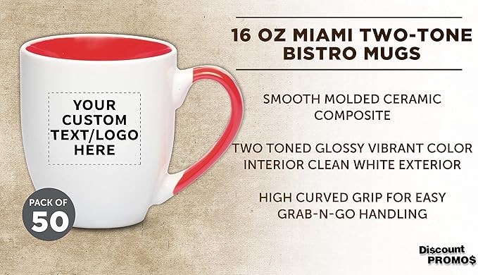 Custom Bistro Style Large Coffee Mugs 16 oz. Set of 50, Personalized Bulk Pack - Perfect for Coffee, Tea, Espresso, Hot Cocoa, Other Beverages - Red