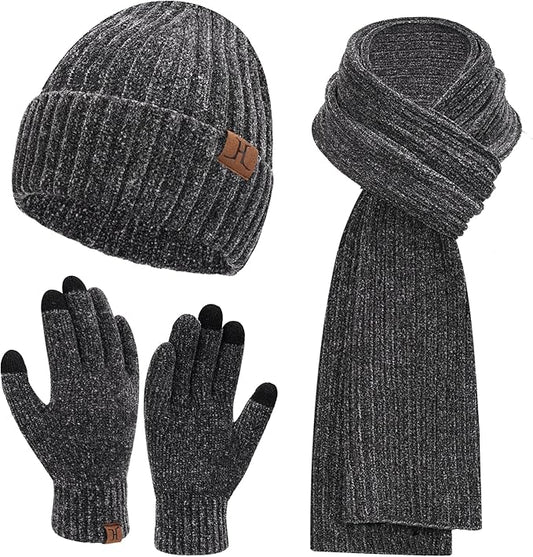 Womens Winter Knit Warm Hat Beanie Long Scarf Touch Screen Gloves Set Skull Caps Neck Scarves for Women