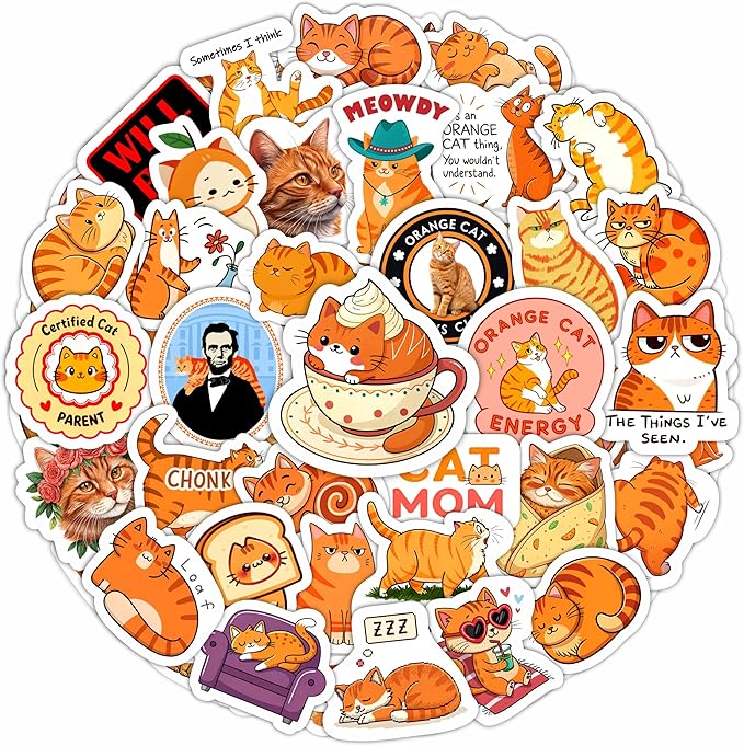 100Pcs Orange Cat Stickers for Water - Orange Cat Psrty Favors & Decorations - Pet Stickers - Gift for Women & Men