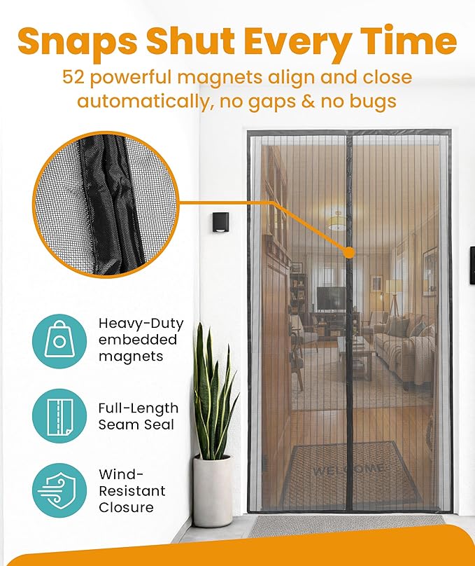 Flux Phenom Magnetic Screen Door - Bugs Out, Breeze in - 9min Install Auto-Sealing Heavy Duty Double Stitched Mesh, 52 Magnets, Hands Free Sliding & Patio Doors Net, Pet & Kid Friendly, 38 x 82 Inch