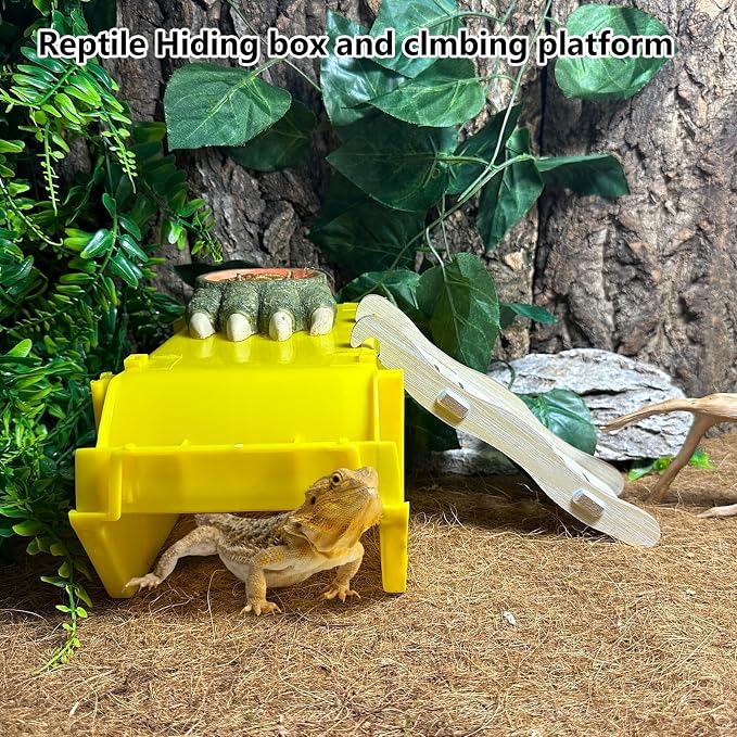 Reptile Digging Box Plastic Leopard Gecko Burrowing Habitat Hide Box with Wooden Ladder Compatible with Terrariums Tailored for Juvenile Bearded Dragons and Snake in Compact Setups (Yellow)