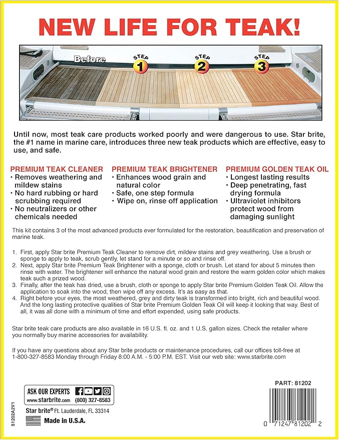 STAR BRITE Teak Kit - Restore Decks, Patio, Outdoor Furniture, Boats & Fine Wood - Marine Grade Teak Cleaner & Brightener Set with Premium Golden Teak Oil Finish - Renew, Refinish & Protect (081202)