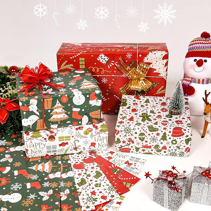 PlandRichW Christmas Wrapping Paper Folded for Kids Boys Girls Man Women Gift's. Papercraft Snowmen, Candy Canes, Tree, Socks, Snowflakes, Happy New Year Bulk of 12 Sheets 20"x 29" Folded