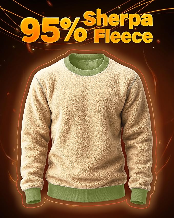 Boladeci Men's Full Sherpa Lined Crewneck Sweatshirts Heavy-weight Fleece Pullover Thick Thermal Long Sleeve Cotton