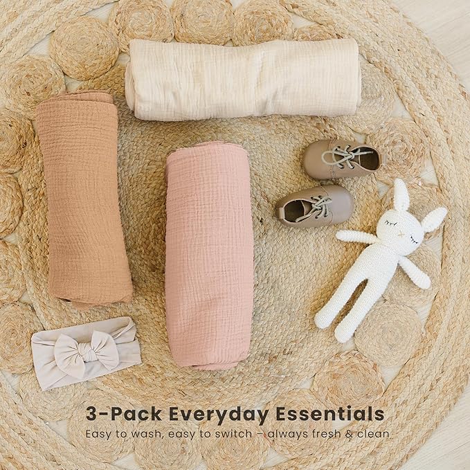 Konssy 3 Pack Muslin Swaddle Blankets for Unisex, Newborn Receiving Blanket, Large 47 x 47 inches, Soft Breathable Muslin Baby Swaddles for Boys & Girls