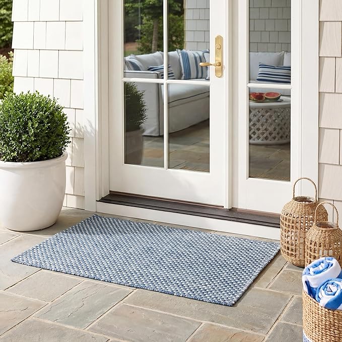 SAFAVIEH Washable Rug Outdoor Courtyard Collection - 2' x 3'7", Navy & Grey, Non-Shedding & Easy Cleaning, Ideal for Patio, Front Door, Entryway, Doormat (CY8521-36821)