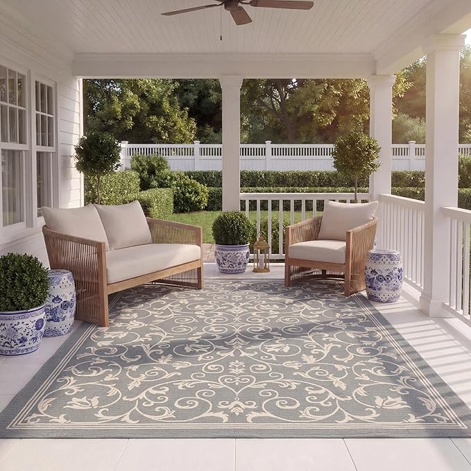 SAFAVIEH Courtyard Collection 8' x 11' Grey / Natural CY2098 Scroll Indoor/ Outdoor Waterproof Easy-Cleaning Patio Backyard Mudroom Area-Rug