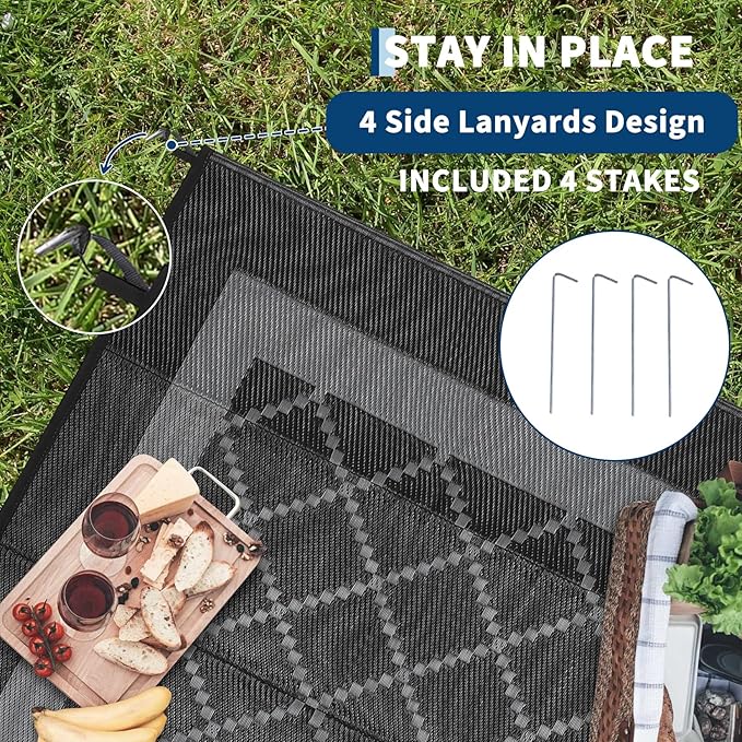 Outdoor Rug for Patio 9x12 Waterproof Camping Mat Reversible Plastic Straw Floor Carpet Modern Diamond Indoor Outdoor Large Area Rug for RV Deck Balcony Backyard Black/Grey